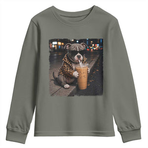 Funny Pitbull Drinking Coffee Youth Sweatshirt Dog Meme Caffeine Graphic TS12 Military Green Print Your Wear