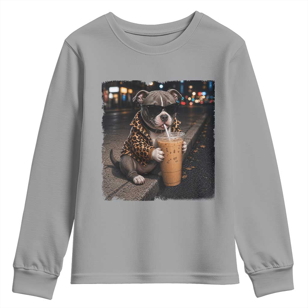 Funny Pitbull Drinking Coffee Youth Sweatshirt Dog Meme Caffeine Graphic TS12 Sport Gray Print Your Wear