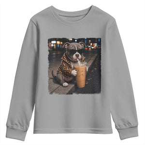 Funny Pitbull Drinking Coffee Youth Sweatshirt Dog Meme Caffeine Graphic TS12 Sport Gray Print Your Wear