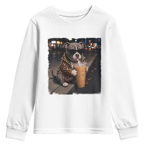 Funny Pitbull Drinking Coffee Youth Sweatshirt Dog Meme Caffeine Graphic TS12 White Print Your Wear