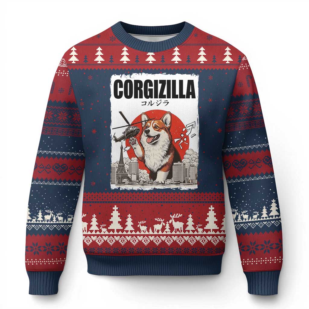 Corgizilla Giant Ugly Christmas Sweater Funny Corgi Monster Roaring Tokyo Japan TS12 Navy Red Print Your Wear