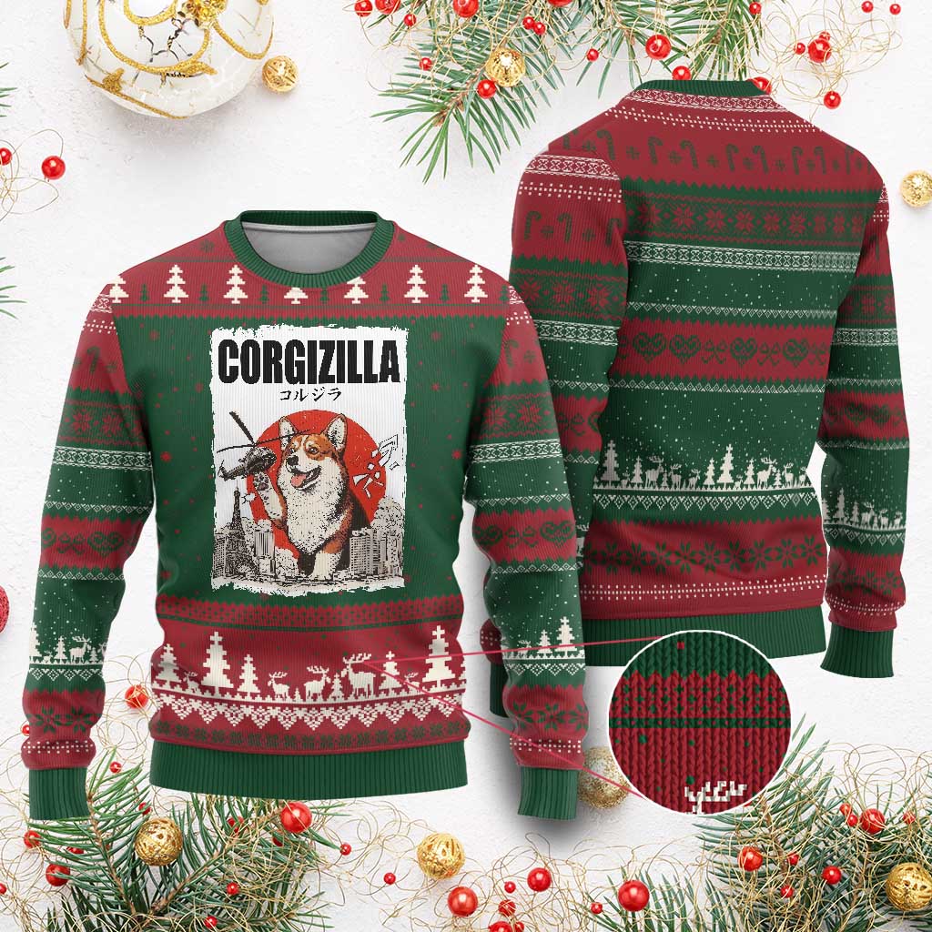 Corgizilla Giant Ugly Christmas Sweater Funny Corgi Monster Roaring Tokyo Japan TS12 Red Green Print Your Wear