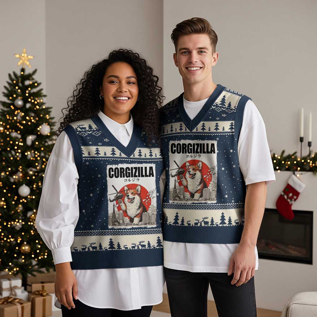 Corgizilla Giant V-Neck Knit Sweater Vest Funny Corgi Monster Roaring Tokyo Japan TS12 Navy Beige Print Your Wear