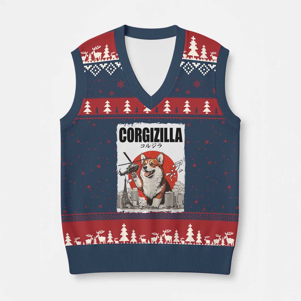 Corgizilla Giant V-Neck Knit Sweater Vest Funny Corgi Monster Roaring Tokyo Japan TS12 Navy Red Print Your Wear