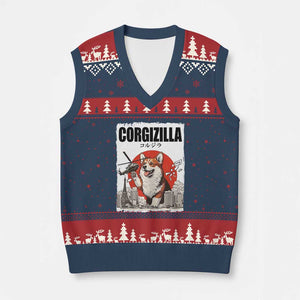 Corgizilla Giant V-Neck Knit Sweater Vest Funny Corgi Monster Roaring Tokyo Japan TS12 Navy Red Print Your Wear