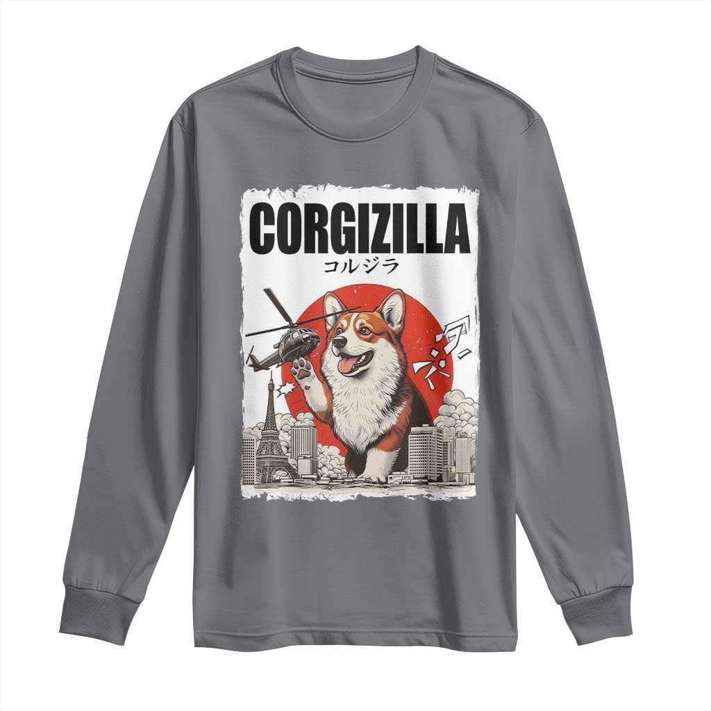 Corgizilla Giant Long Sleeve Shirt Funny Corgi Monster Roaring Tokyo Japan TS12 Charcoal Print Your Wear
