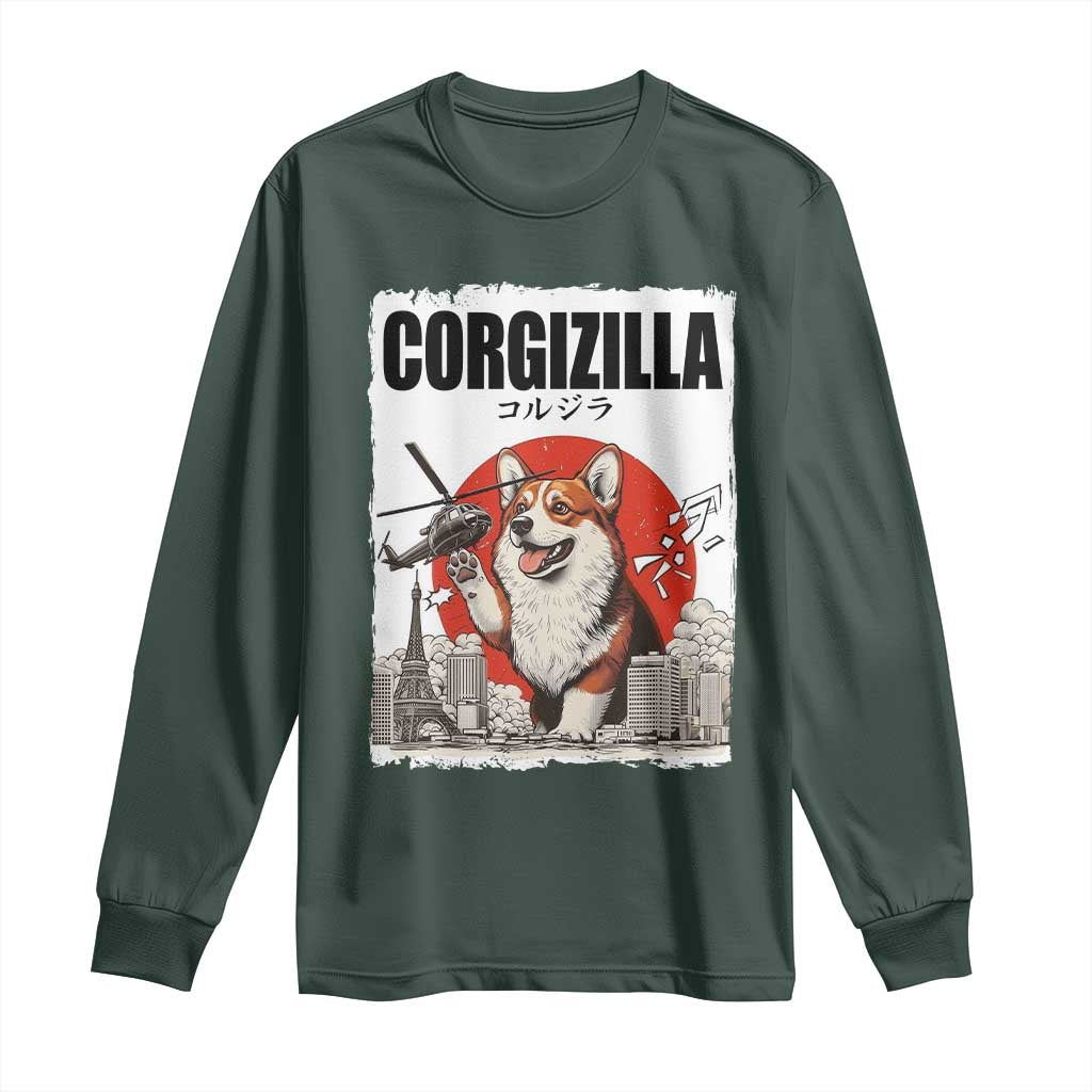 Corgizilla Giant Long Sleeve Shirt Funny Corgi Monster Roaring Tokyo Japan TS12 Dark Forest Green Print Your Wear