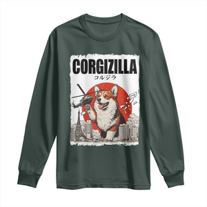 Corgizilla Giant Long Sleeve Shirt Funny Corgi Monster Roaring Tokyo Japan TS12 Dark Forest Green Print Your Wear