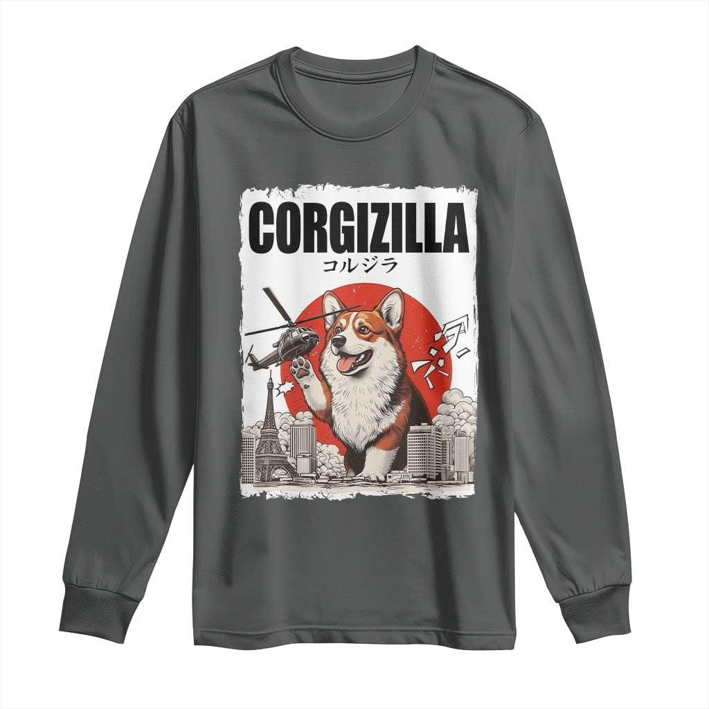 Corgizilla Giant Long Sleeve Shirt Funny Corgi Monster Roaring Tokyo Japan TS12 Dark Heather Print Your Wear