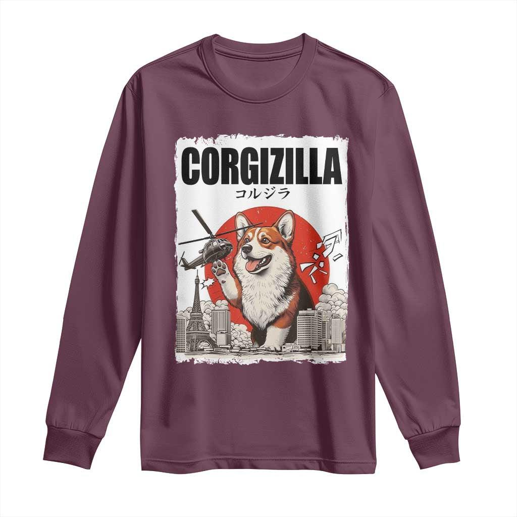 Corgizilla Giant Long Sleeve Shirt Funny Corgi Monster Roaring Tokyo Japan TS12 Maroon Print Your Wear