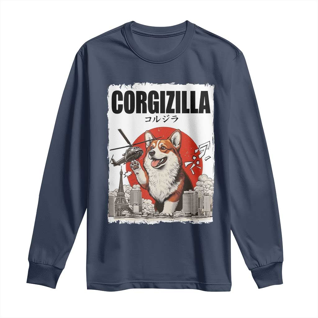 Corgizilla Giant Long Sleeve Shirt Funny Corgi Monster Roaring Tokyo Japan TS12 Navy Print Your Wear