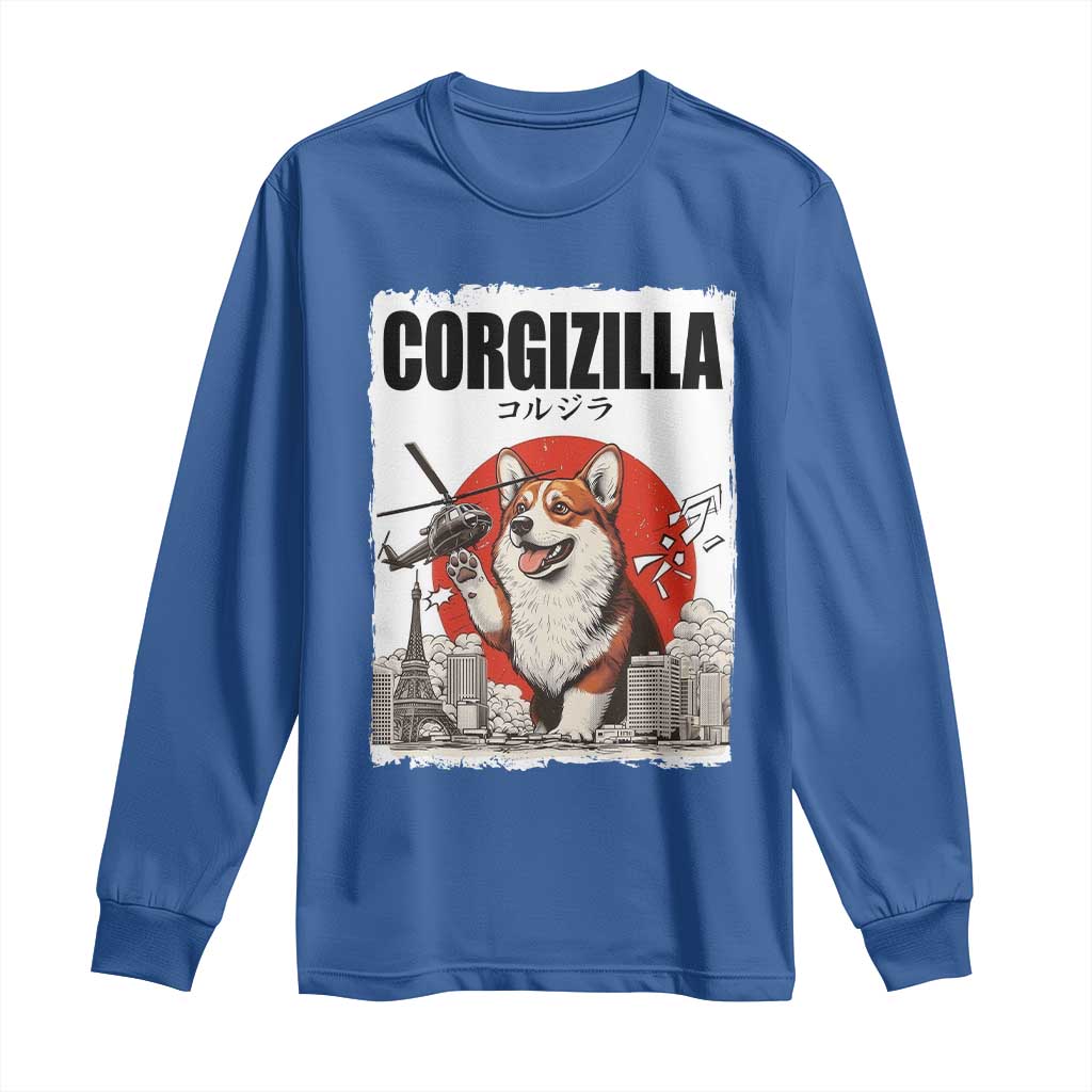 Corgizilla Giant Long Sleeve Shirt Funny Corgi Monster Roaring Tokyo Japan TS12 Royal Blue Print Your Wear