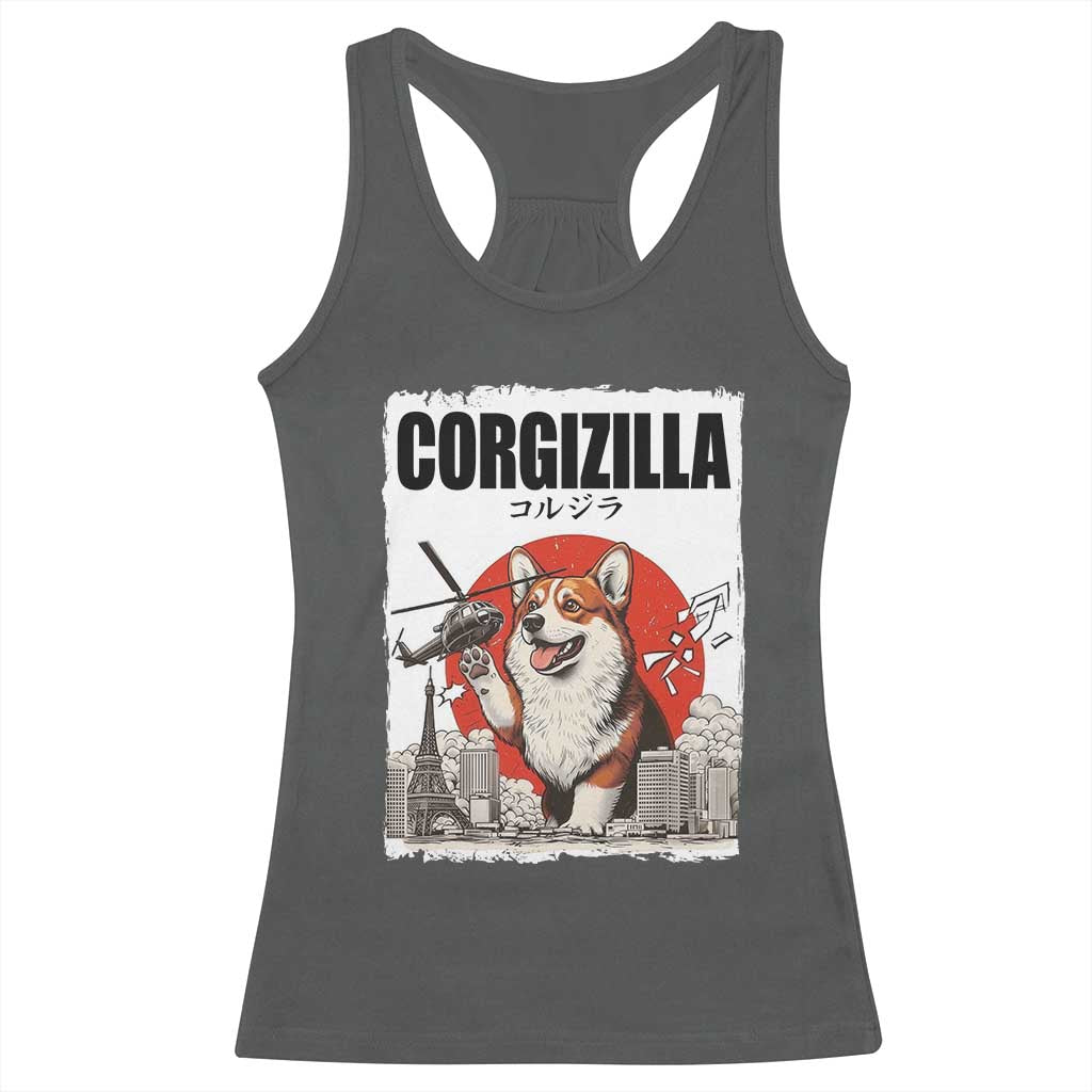 Corgizilla Giant Racerback Tank Top Funny Corgi Monster Roaring Tokyo Japan TS12 Dark Heather Print Your Wear