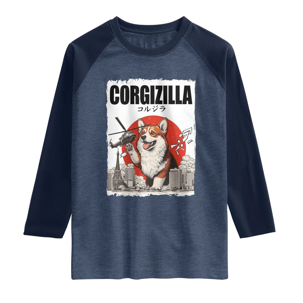Corgizilla Giant Raglan Shirt Funny Corgi Monster Roaring Tokyo Japan TS12 Heather Denim Navy Print Your Wear