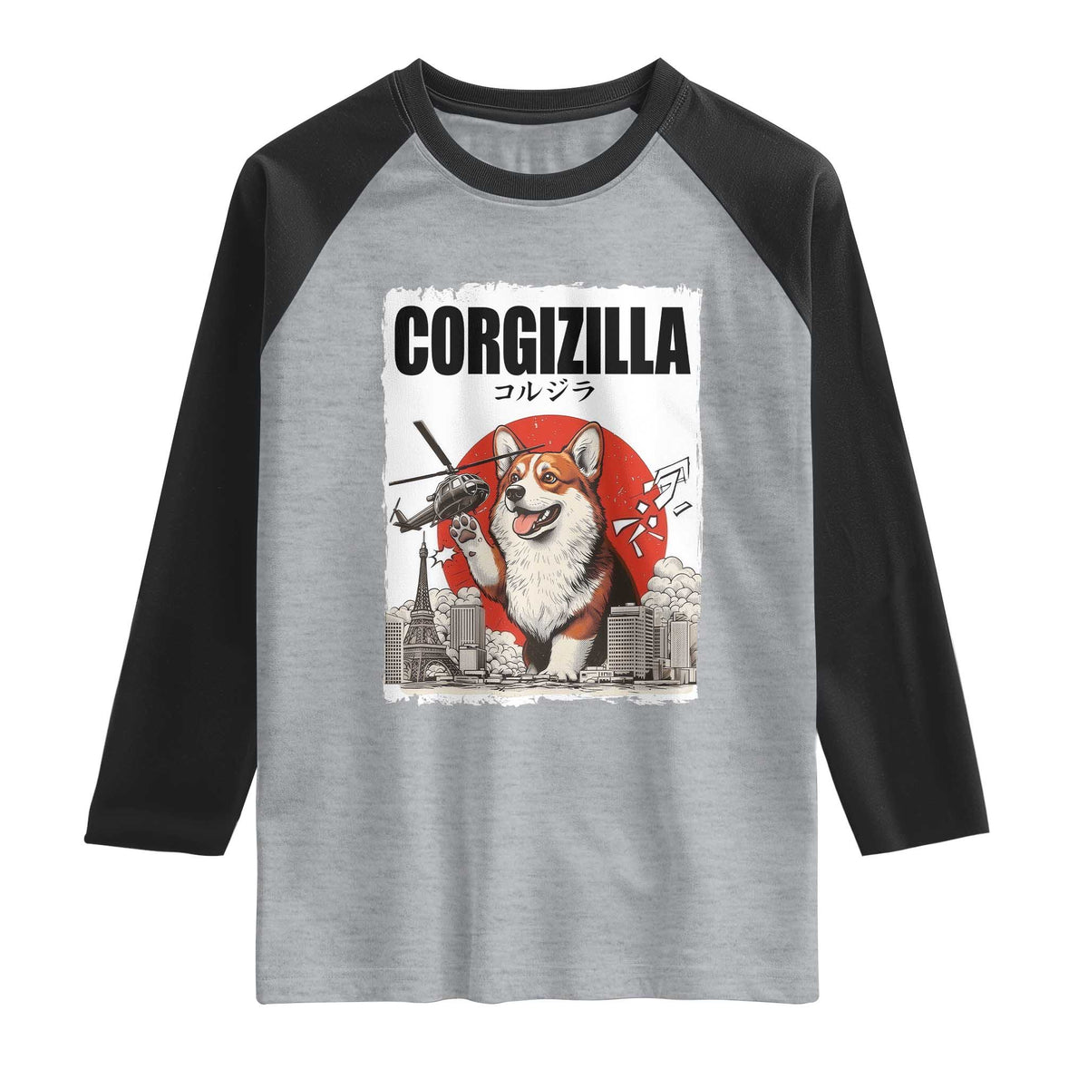 Corgizilla Giant Raglan Shirt Funny Corgi Monster Roaring Tokyo Japan TS12 Heather Gray Black Print Your Wear