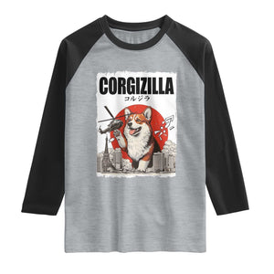 Corgizilla Giant Raglan Shirt Funny Corgi Monster Roaring Tokyo Japan TS12 Heather Gray Black Print Your Wear