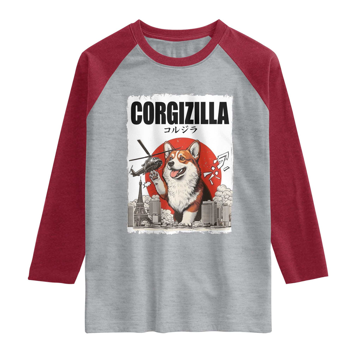 Corgizilla Giant Raglan Shirt Funny Corgi Monster Roaring Tokyo Japan TS12 Heather Gray Heather Red Print Your Wear