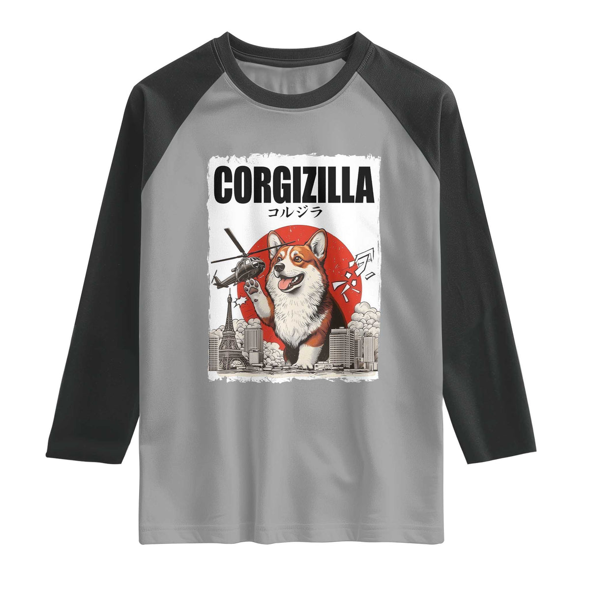 Corgizilla Giant Raglan Shirt Funny Corgi Monster Roaring Tokyo Japan TS12 Sport Gray Black Print Your Wear