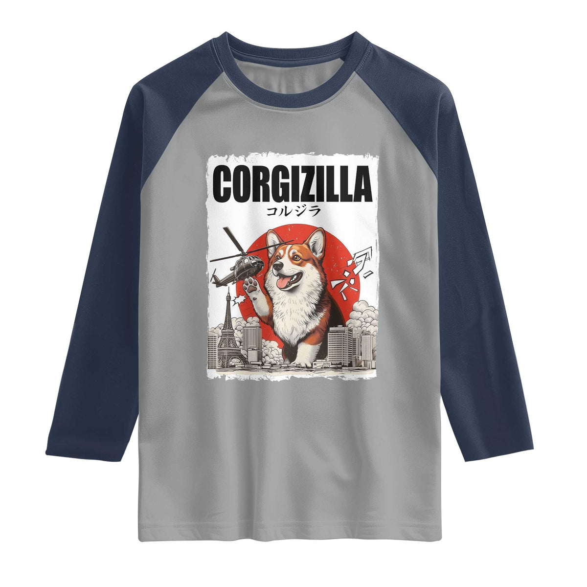 Corgizilla Giant Raglan Shirt Funny Corgi Monster Roaring Tokyo Japan TS12 Sport Gray Navy Print Your Wear
