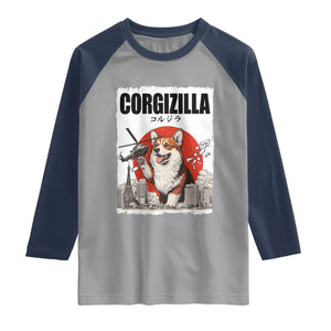Corgizilla Giant Raglan Shirt Funny Corgi Monster Roaring Tokyo Japan TS12 Sport Gray Navy Print Your Wear