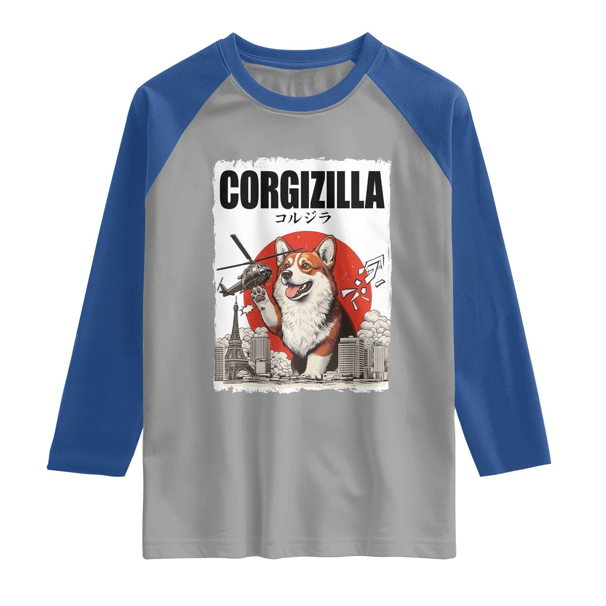 Corgizilla Giant Raglan Shirt Funny Corgi Monster Roaring Tokyo Japan TS12 Sport Gray Royal Print Your Wear