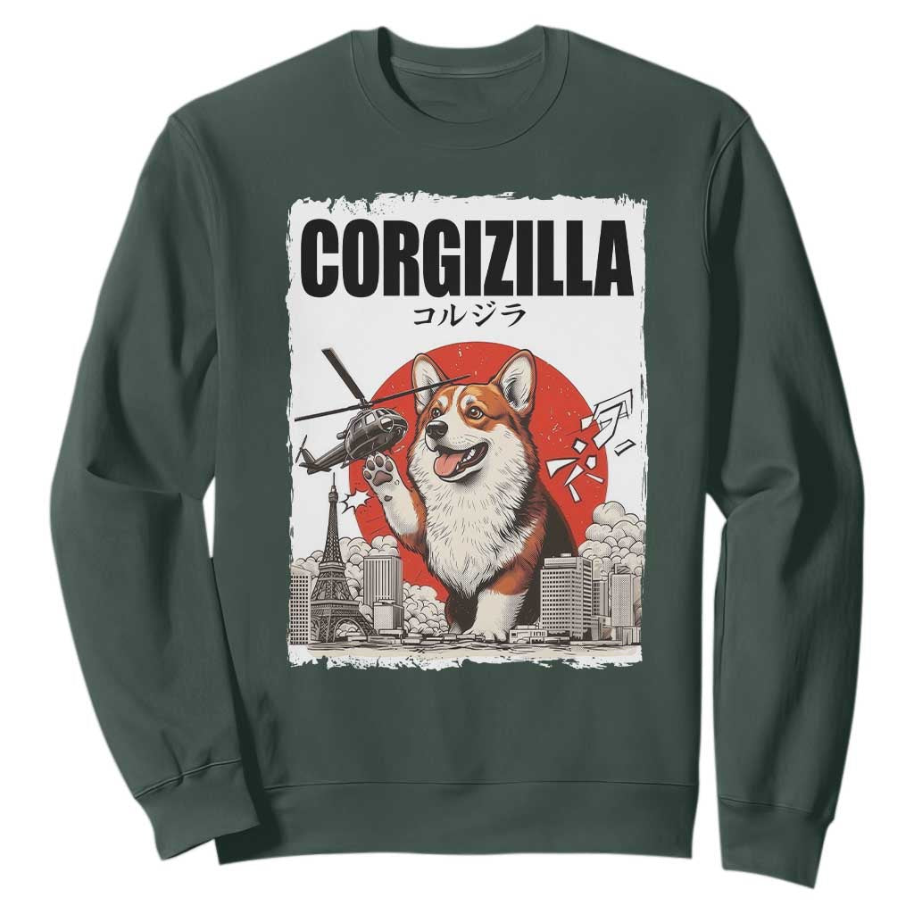 Corgizilla Giant Sweatshirt Funny Corgi Monster Roaring Tokyo Japan TS12 Dark Forest Green Print Your Wear