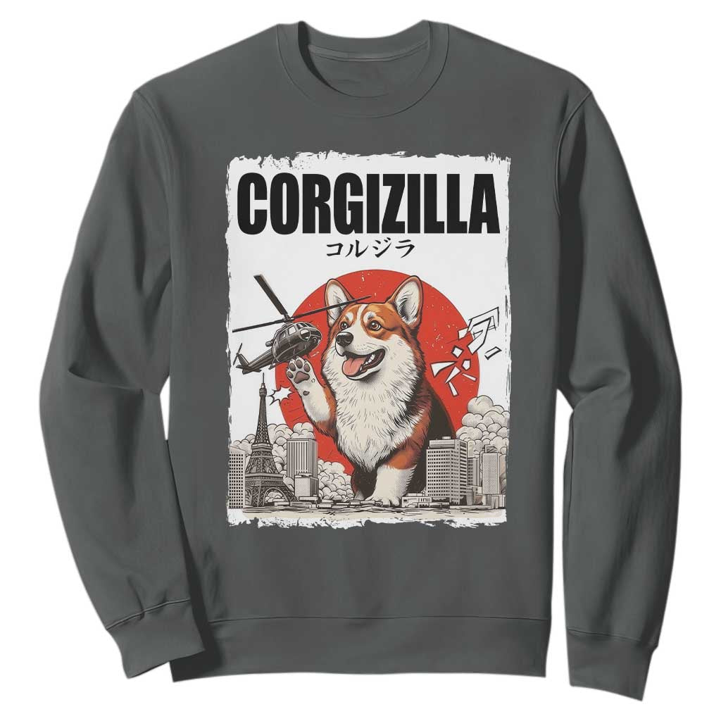 Corgizilla Giant Sweatshirt Funny Corgi Monster Roaring Tokyo Japan TS12 Dark Heather Print Your Wear