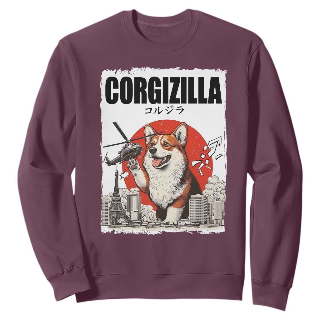 Corgizilla Giant Sweatshirt Funny Corgi Monster Roaring Tokyo Japan TS12 Maroon Print Your Wear