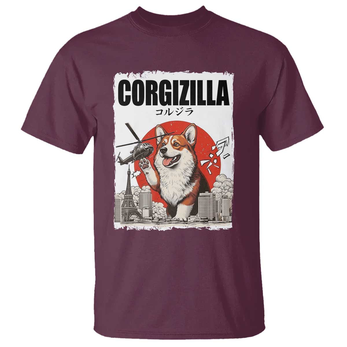 Corgizilla Giant T Shirt Funny Corgi Monster Roaring Tokyo Japan TS12 Maroon Print Your Wear