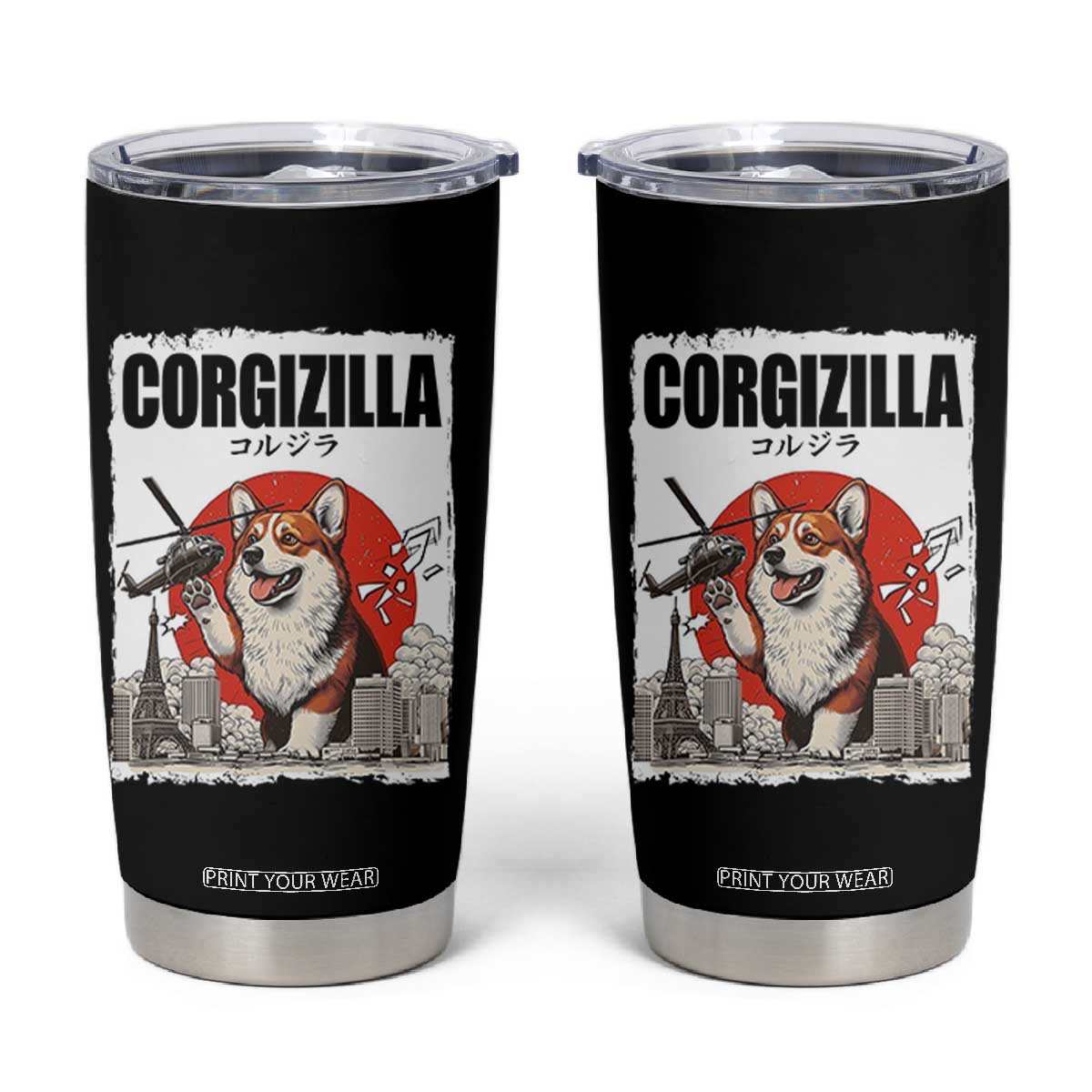 Corgizilla Giant Tumbler Cup Funny Corgi Monster Roaring Tokyo Japan TS12 Black Print Your Wear