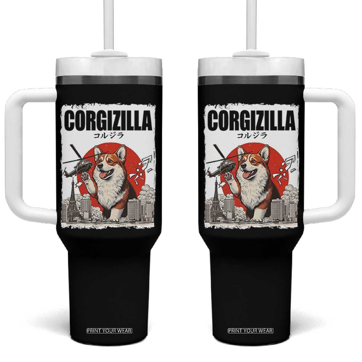 Corgizilla Giant Tumbler With Handle Funny Corgi Monster Roaring Tokyo Japan TS12 One Size: 40 oz Black Print Your Wear