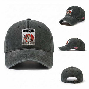 Corgizilla Giant Washed Cotton Baseball Cap Funny Corgi Monster Roaring Tokyo Japan TS12 Washed Cap Universal Fit Dark Green Print Your Wear