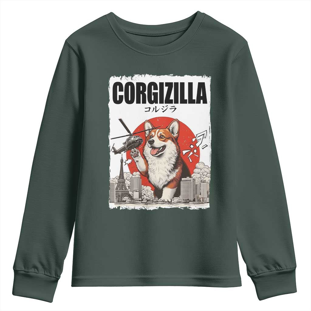 Corgizilla Giant Youth Sweatshirt Funny Corgi Monster Roaring Tokyo Japan TS12 Dark Forest Green Print Your Wear