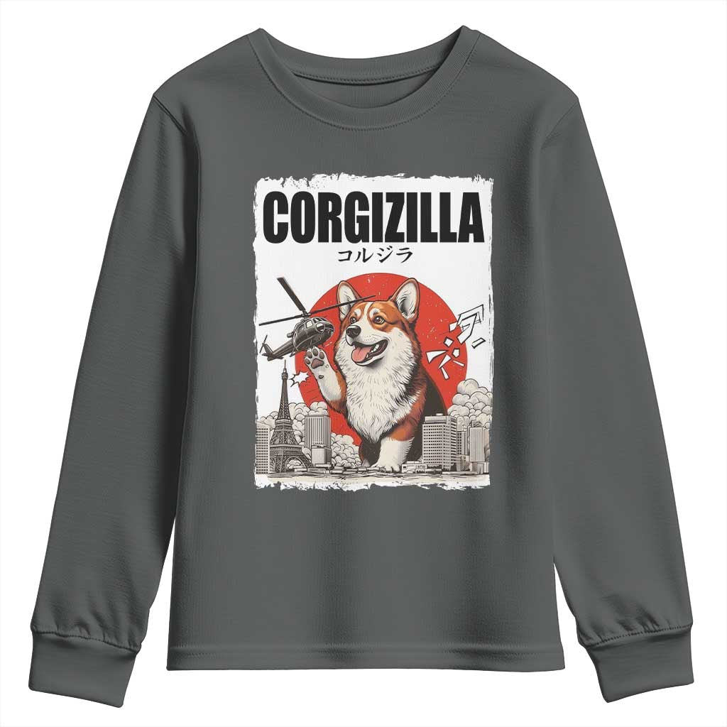Corgizilla Giant Youth Sweatshirt Funny Corgi Monster Roaring Tokyo Japan TS12 Dark Heather Print Your Wear