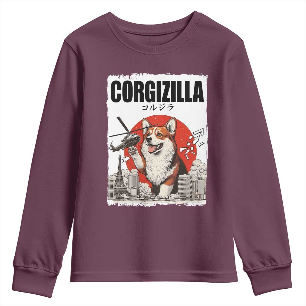 Corgizilla Giant Youth Sweatshirt Funny Corgi Monster Roaring Tokyo Japan TS12 Maroon Print Your Wear