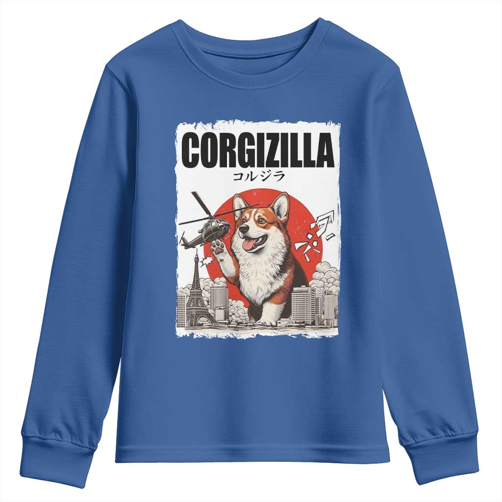 Corgizilla Giant Youth Sweatshirt Funny Corgi Monster Roaring Tokyo Japan TS12 Royal Blue Print Your Wear