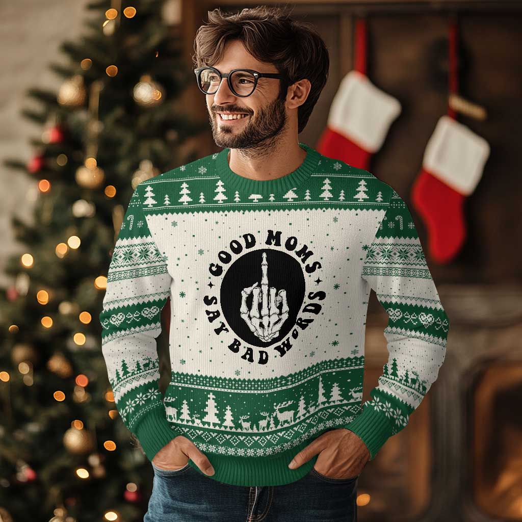Funny Skeleton Mom Quote Ugly Christmas Sweater Good Moms Say Bad Words TS12 Beige Green Print Your Wear