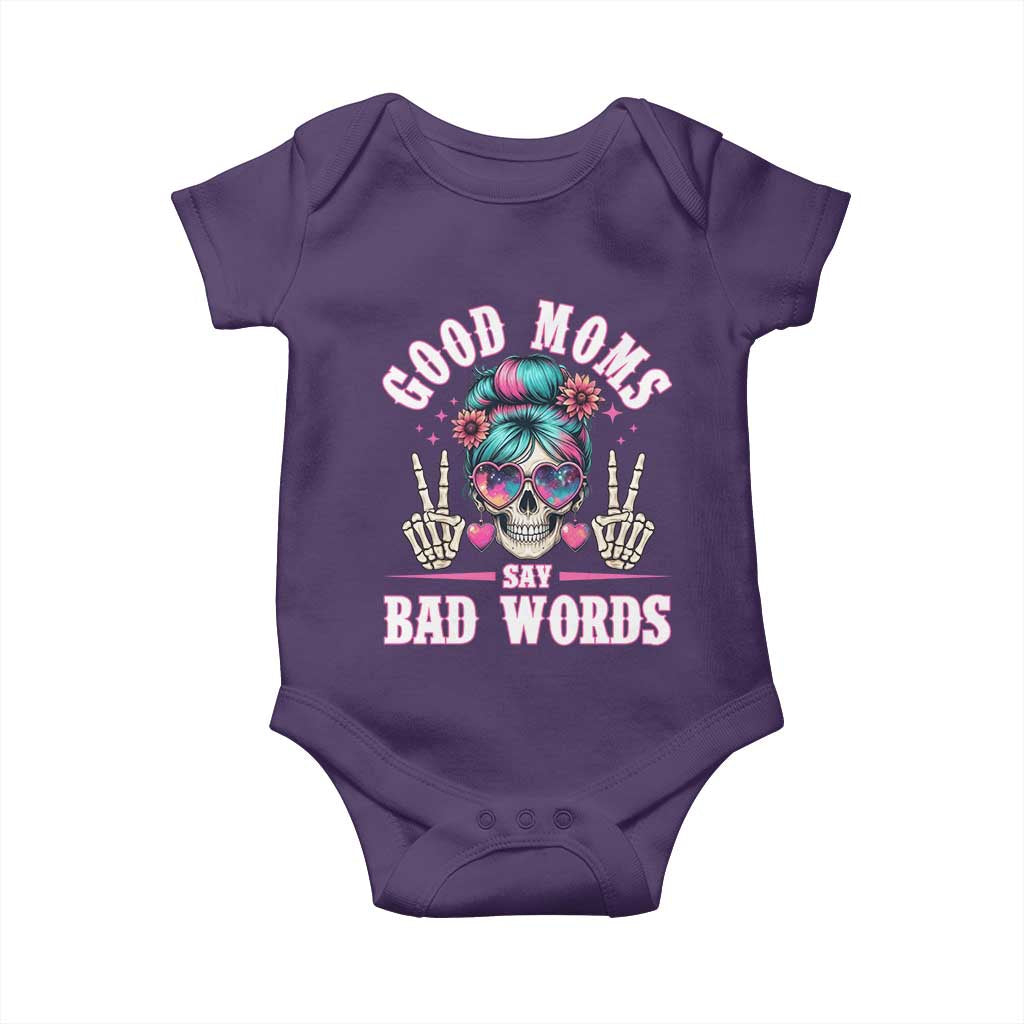 Skeleton Messy Bun Mom Baby Onesie Good Moms Say Bad Words TS12 Purple Print Your Wear