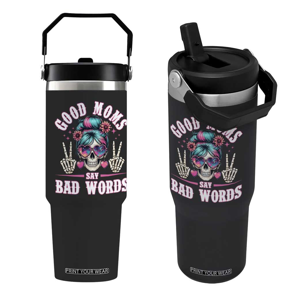 Skeleton Messy Bun Mom Flip Straw Tumbler Good Moms Say Bad Words TS12 One Size: 30 oz Black Print Your Wear