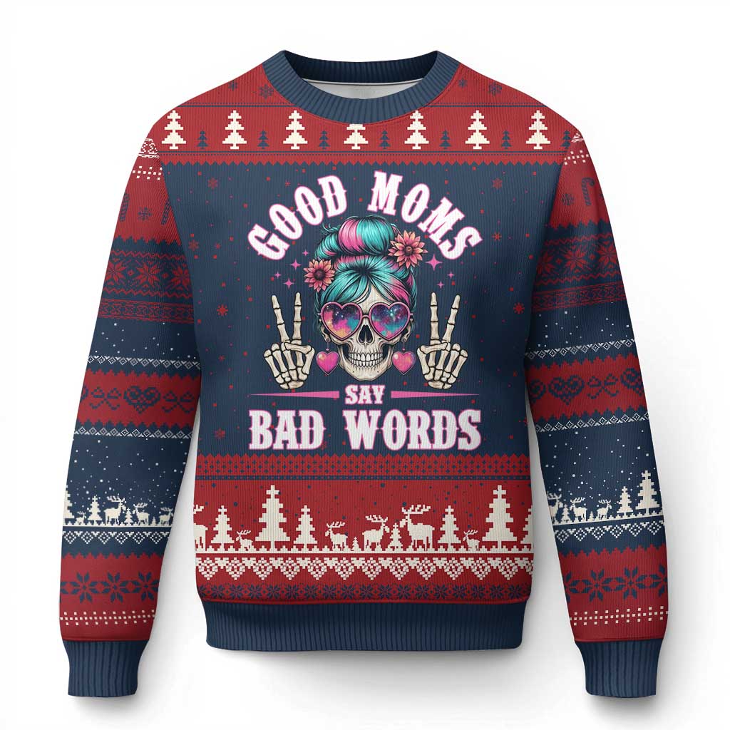 Skeleton Messy Bun Mom Ugly Christmas Sweater Good Moms Say Bad Words TS12 Navy Red Print Your Wear