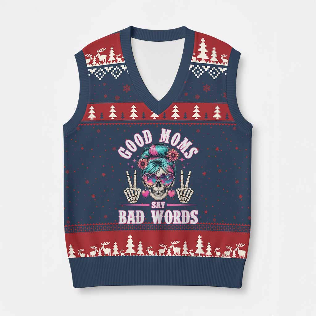 Skeleton Messy Bun Mom V-Neck Knit Sweater Vest Good Moms Say Bad Words TS12 Navy Red Print Your Wear
