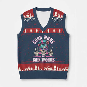 Skeleton Messy Bun Mom V-Neck Knit Sweater Vest Good Moms Say Bad Words TS12 Navy Red Print Your Wear