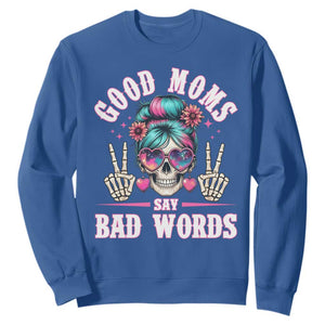 Skeleton Messy Bun Mom Sweatshirt Good Moms Say Bad Words TS12 Royal Blue Print Your Wear