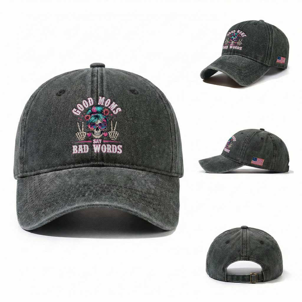 Skeleton Messy Bun Mom Washed Cotton Baseball Cap Good Moms Say Bad Words TS12 Washed Cap Universal Fit Dark Green Print Your Wear