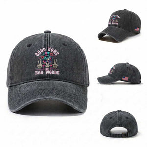 Skeleton Messy Bun Mom Washed Cotton Baseball Cap Good Moms Say Bad Words TS12 Washed Cap Universal Fit Dark Gray Print Your Wear