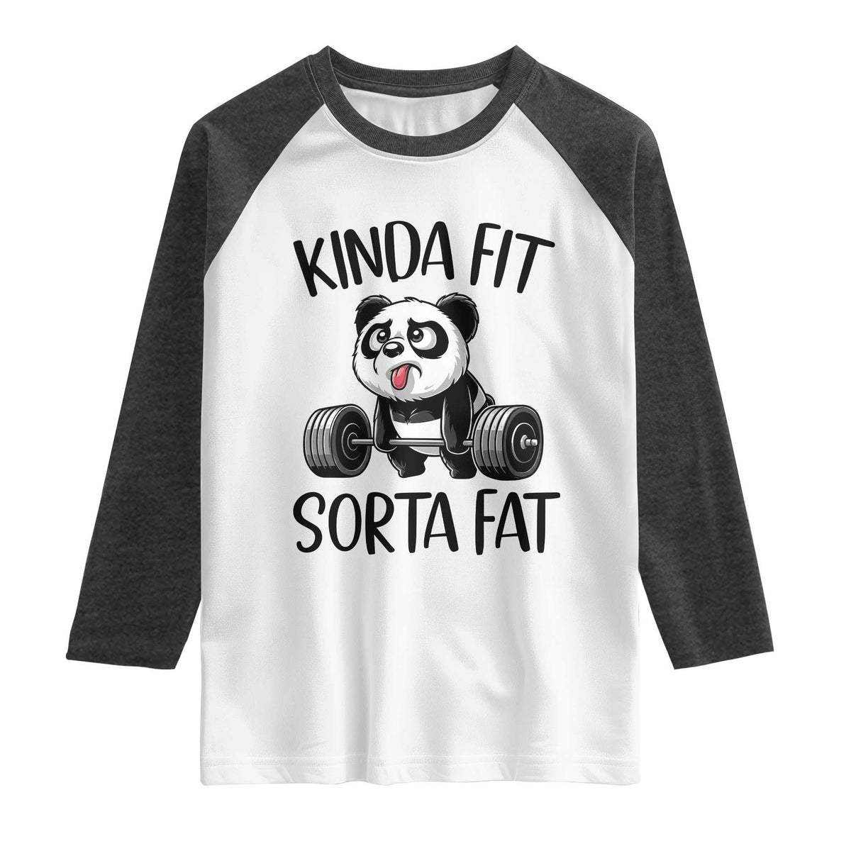 Funny Gym Panda Lover Raglan Shirt Kinda Fit Sorta Fat TS12 White Heather Charcoal Print Your Wear