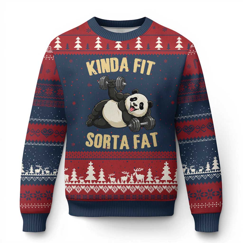 Funny Panda Weightlifting Workout Ugly Christmas Sweater Kinda Fit Sorta Fat TS12 Navy Red Print Your Wear
