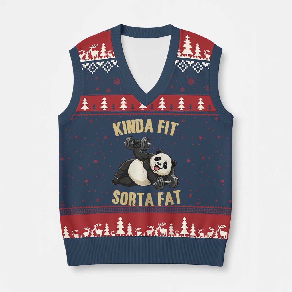 Funny Panda Weightlifting Workout V-Neck Knit Sweater Vest Kinda Fit Sorta Fat TS12 Navy Red Print Your Wear