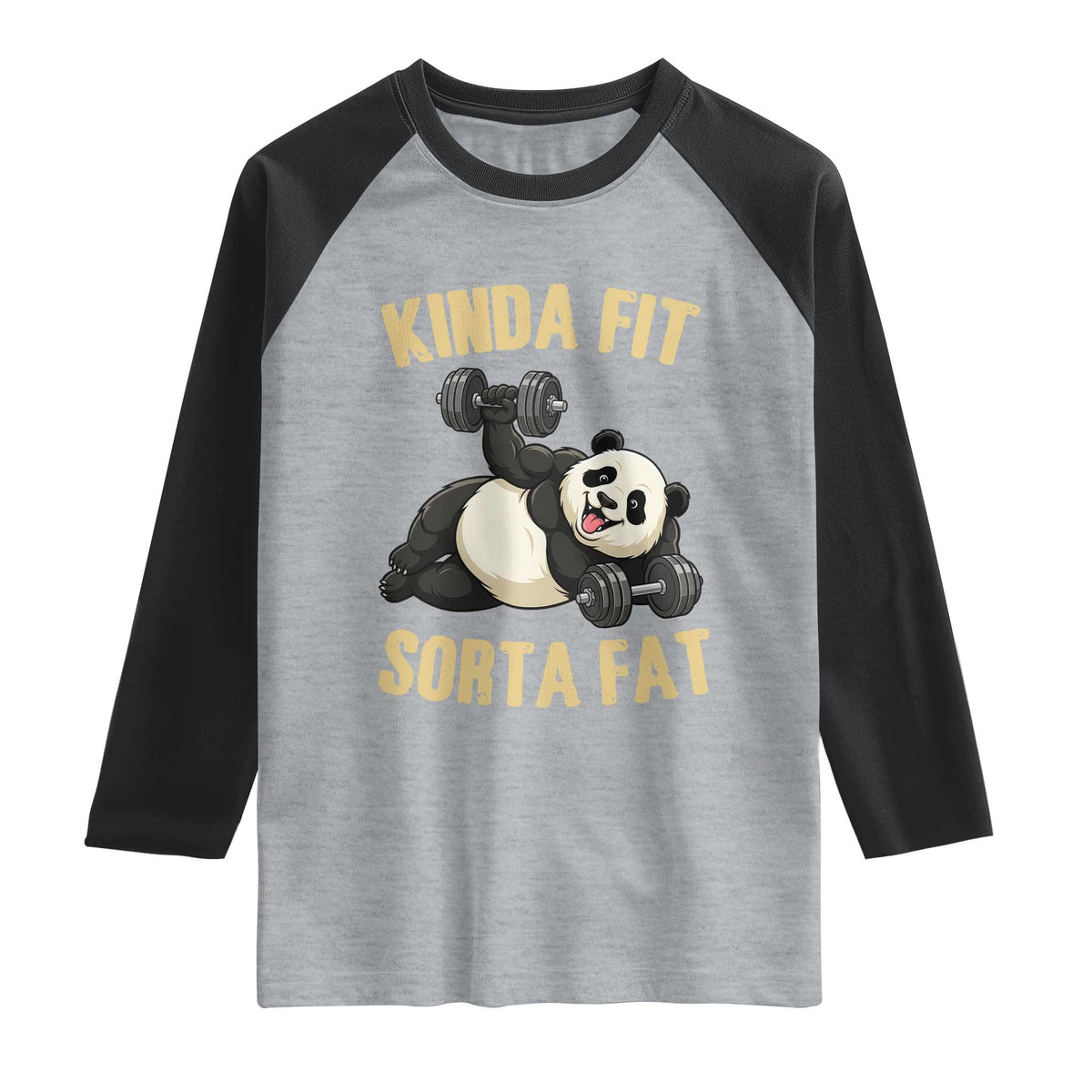 Funny Panda Weightlifting Workout Raglan Shirt Kinda Fit Sorta Fat TS12 Heather Gray Black Print Your Wear
