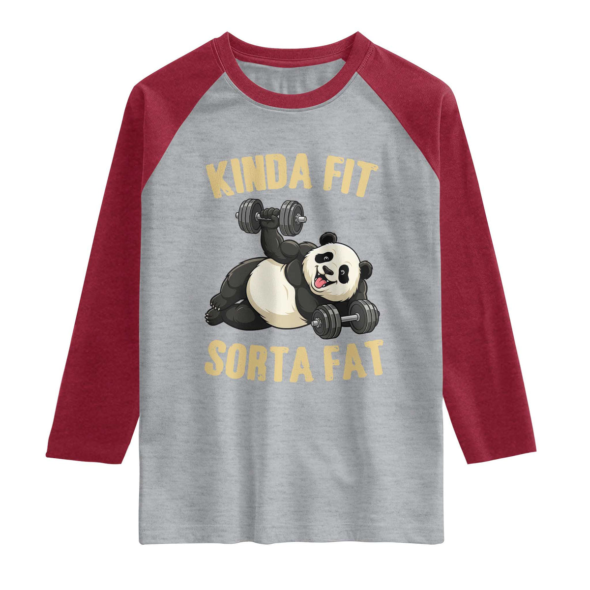 Funny Panda Weightlifting Workout Raglan Shirt Kinda Fit Sorta Fat TS12 Heather Gray Heather Red Print Your Wear
